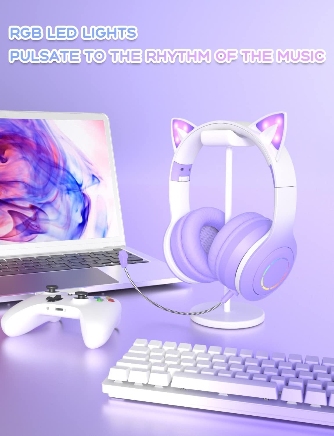 Cat Ear Kids Bluetooth Headphones for Girls for School, Foldable Wired Gaming Headset with Microphone & 3.5mm Jack, Adjustable Headband Teens Toddlers Wireless Earphones for Tablet/PC