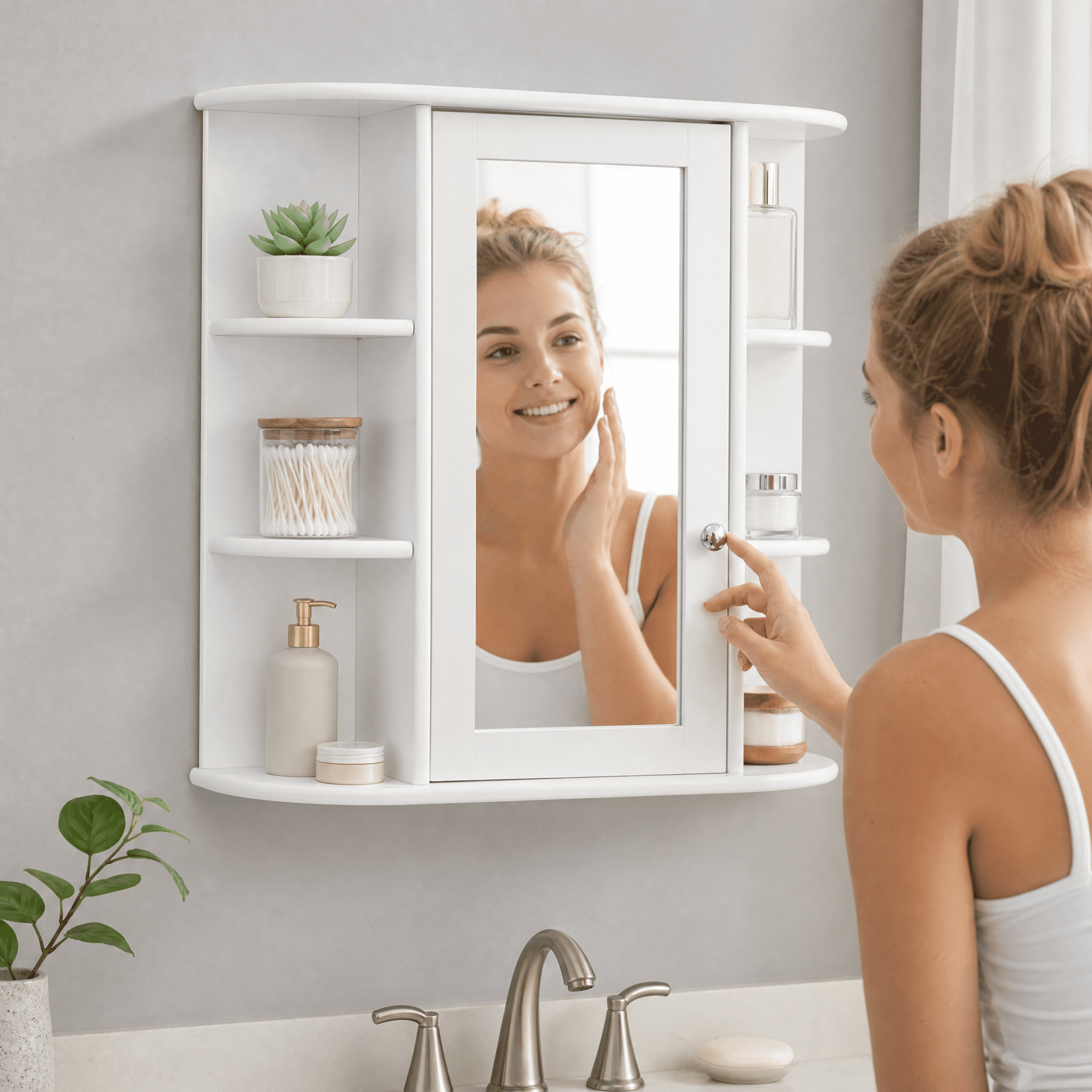3-tier Single Door Mirror Indoor Bathroom Wall Mounted Cabinet Shelf White