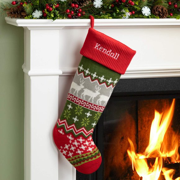 Personalized Planet Fair Isle Knit Christmas Stocking with Custom Name Embroidery | Red Cuff with Deer and Geometric Patterns | Fun Festive Christmas Home Décor | Ready to Hang