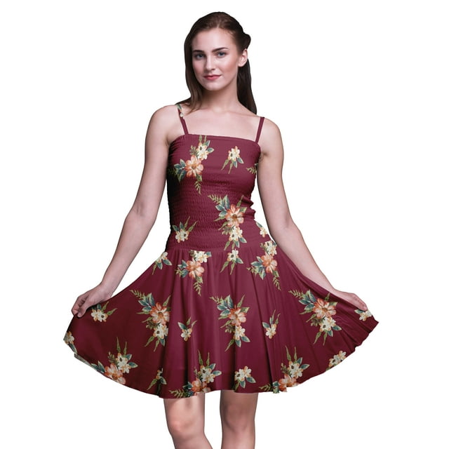 Bimba Robe Soleil Mini à Taille Smockée pour Femmes à Imprimé Floral, Tenue de Fête d'Été pour les Vacances - Petit