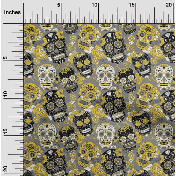 oneOone Georgette Viscose Yellow Fabric Floral & Skull Sewing Craft Projects Fabric Prints By Yard 42 Inch Wide