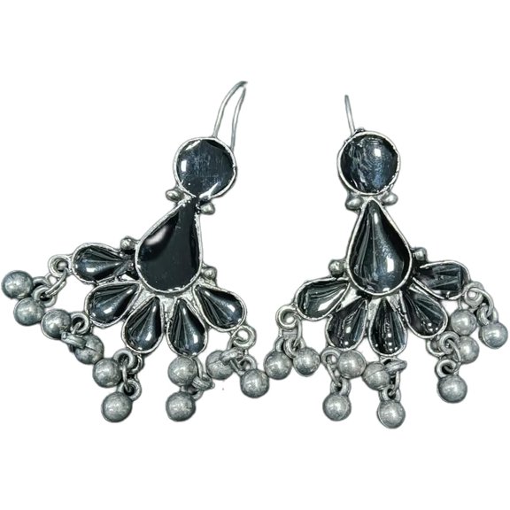 Vintage Style Chandelier Drop Earrings, Black Stone and Silver Beads, Fan Design