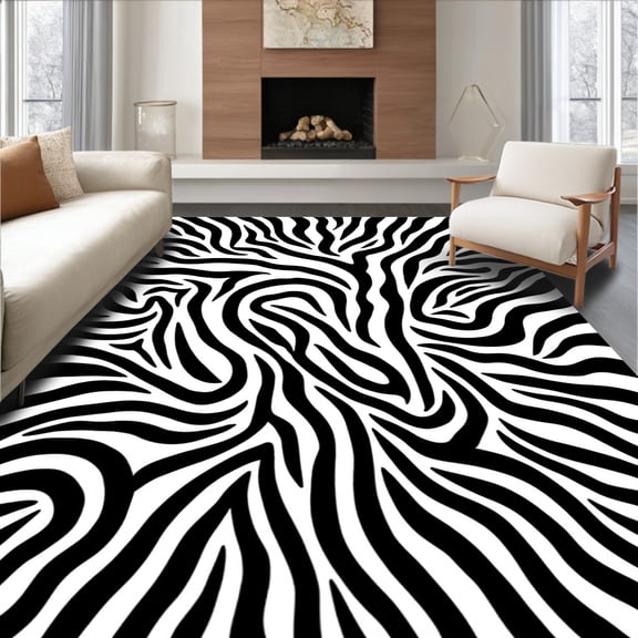ODIKA 4'x6' Machine Washable Non-Slip Area Rug, Wild Stripe Accent Animal Print Design High Traffic Rug, Black, 287896