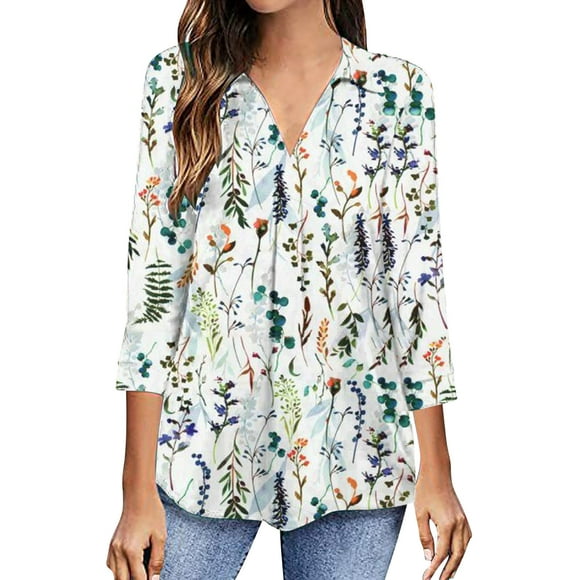 RKSTN Women's Casual Boho Floral Print V Neck Long Sleeve Autumn Floral Printing Tops Loose Blouses Shirts