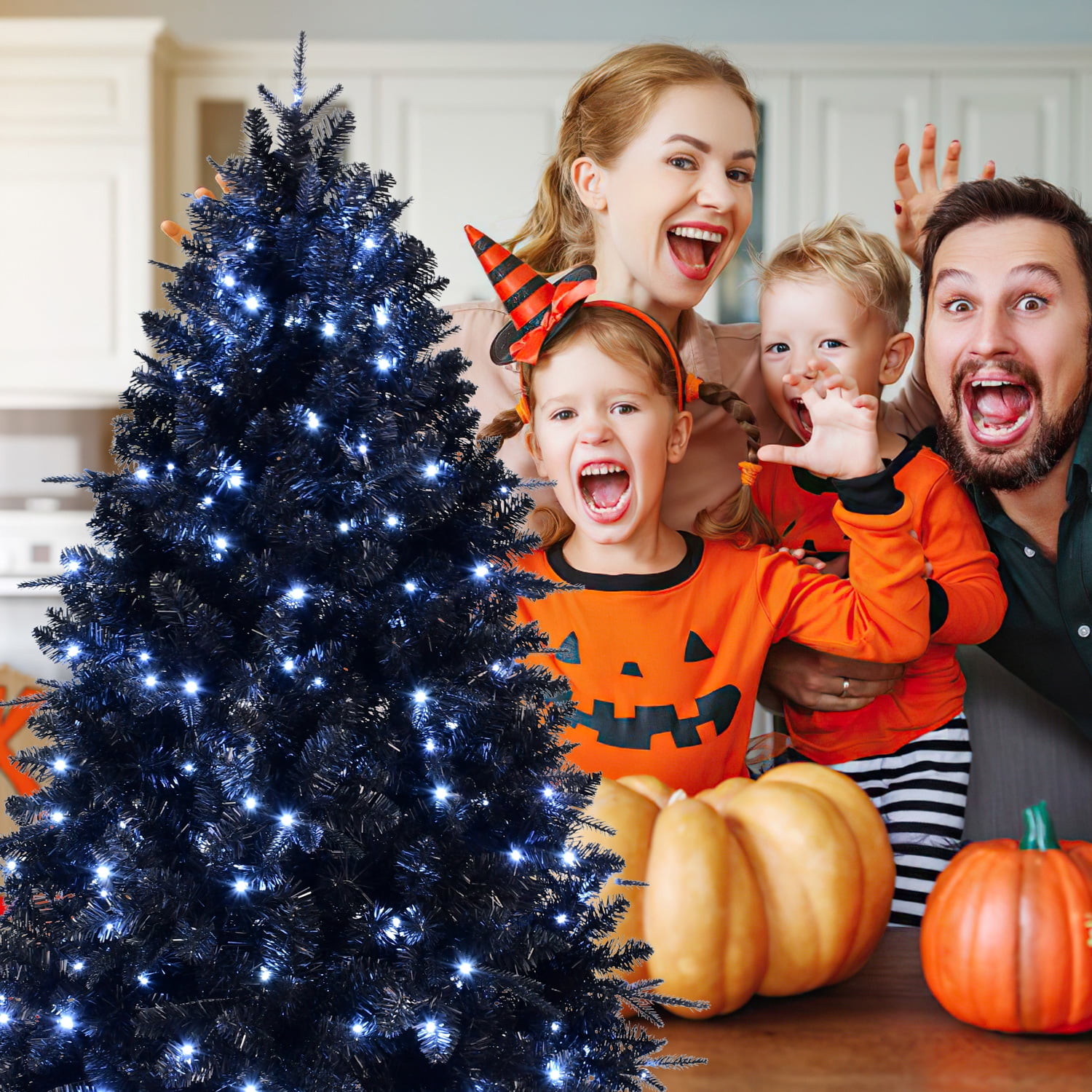 Alvantor 7ft Christmas Tree Halloween Decor PVC Artificial Tree with 450 White LED Lights & 1916 Tips for Indoor Holiday Decoration Black