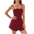 thumbnail image 3 of VBVC Women's Spaghetti Strap Ruched Romper Shorts,A-Line Square Neck Jumpsuit For Women,Ladies One-Piece Tummy Control Outfits with Pockets,Wine,S-2XL, 3 of 7
