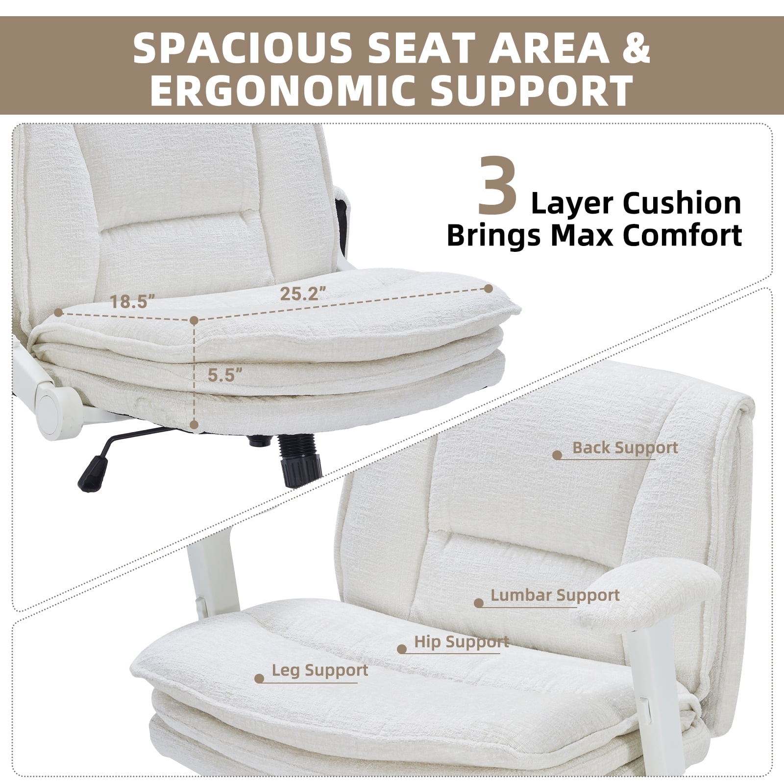 Criss Cross Legged Office Chair with Wide 3 Layer Cushions, Ergonomic Criss Cross Desk Chair with Dynamic Lumbar Support and Flip-up Arms, Mid Back Fabric Swivel Vanity Chair for Work, Study, Leisure
