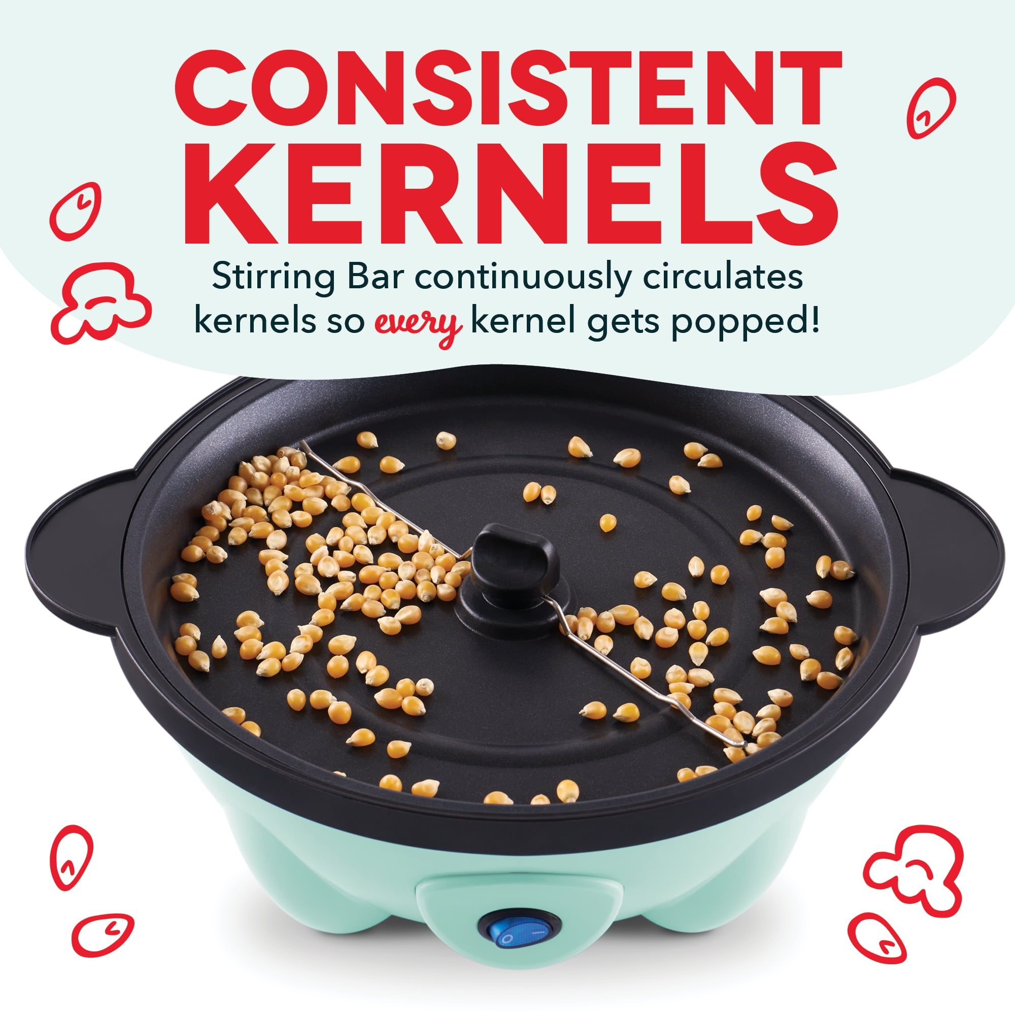 Dash 4.5 Qt. Stirring Electric Popcorn Popper with Lid for Serving Bowl & Convenient Storage, 18 Cups – Aqua - New