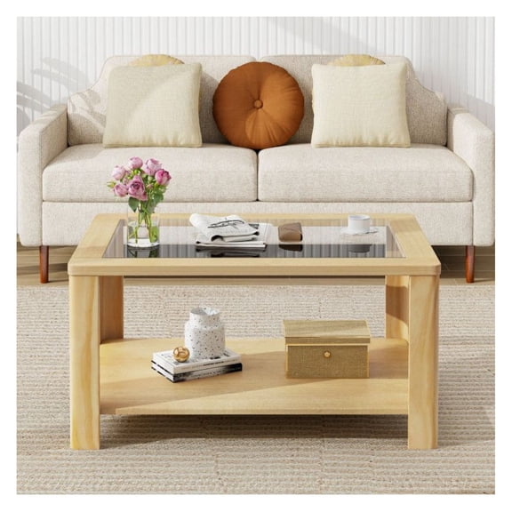 2-Tier Coffee Table, Rectangular Center Table with Tempered Glass Top & Storage Shelf, Farmhouse Living Room Table with Solid Wood Legs, Rustic Style Accent Table for Home Decor