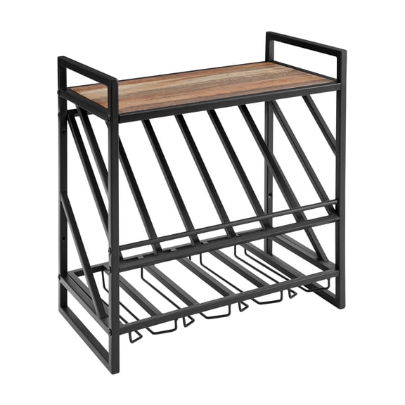 Industrial Brown and Black Wall Mount Metal Wine Rack with Shelf and Stemware Rack