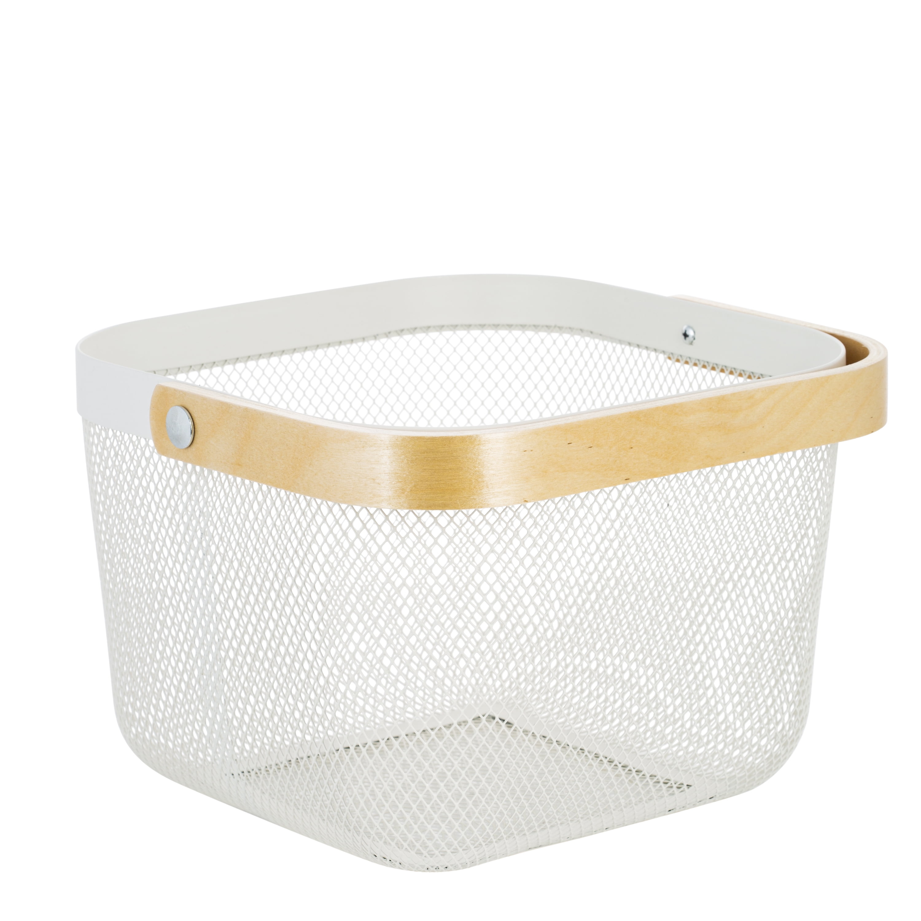 Simplify Mesh Decorative Storage Basket with Bamboo Handle, White