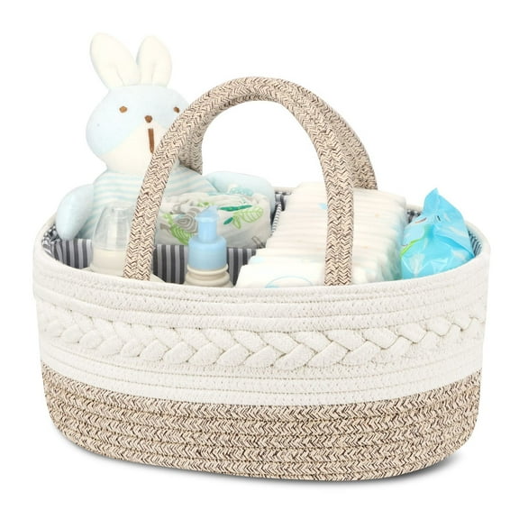 Cotton Rope Diaper Caddy Organizer for Baby Essentials, Portable Nursery Storage Basket with Removable Divider, Perfect for Changing Table and Baby Shower Gifts, Brown
