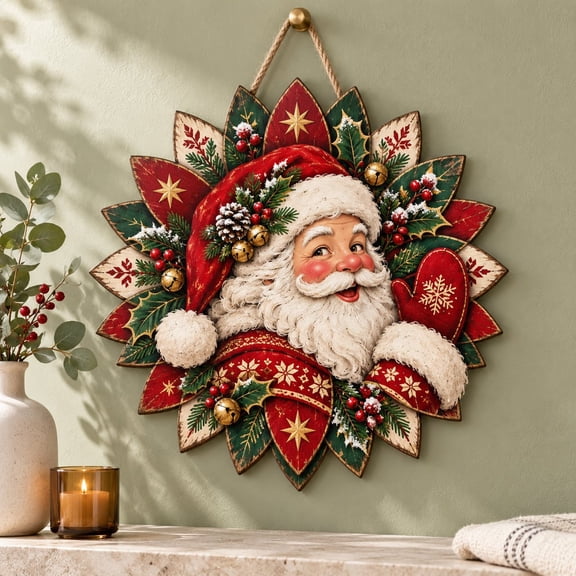 Santa Christmas Door Hanger, Rustic Holiday Front Door Sign for Winter Home Decor