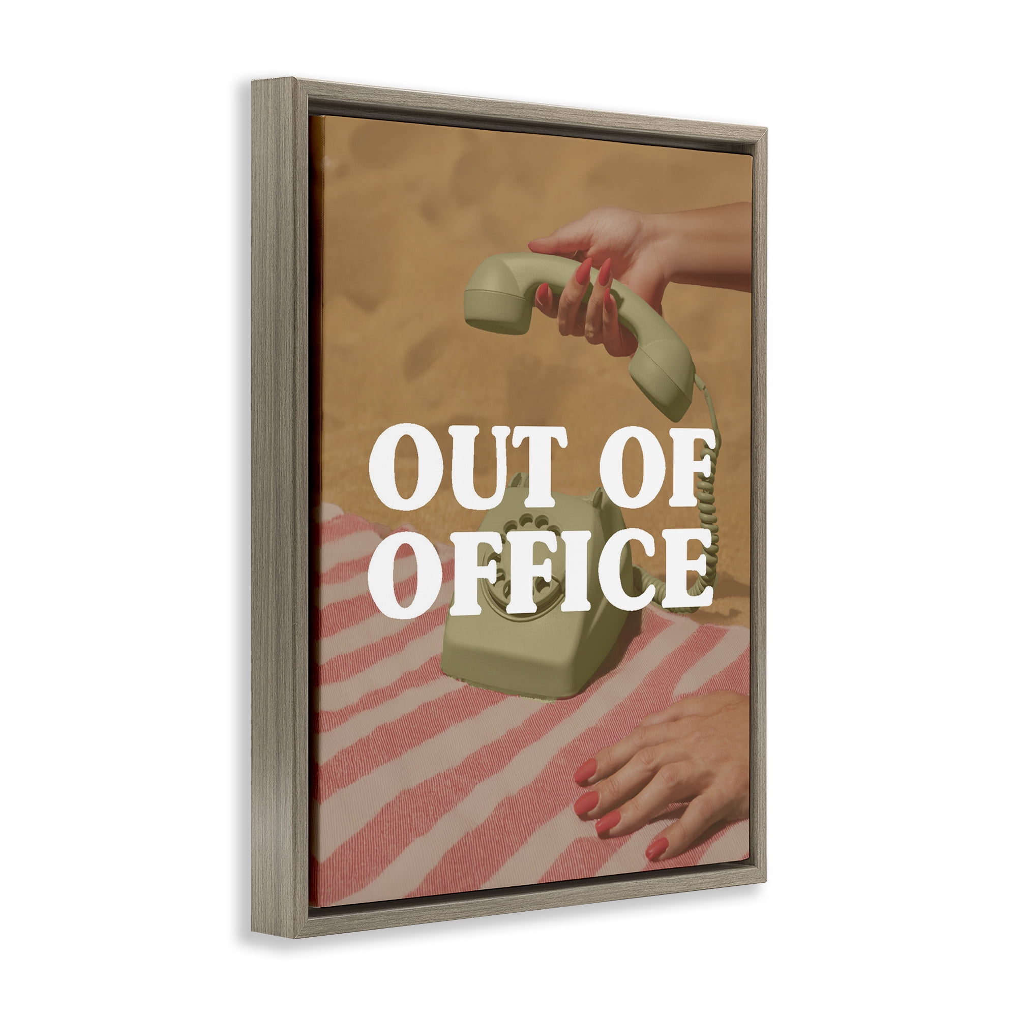 Out of Office Green Phone Brown Framed Floater Canvas Wall Art, design by Lil' Rue