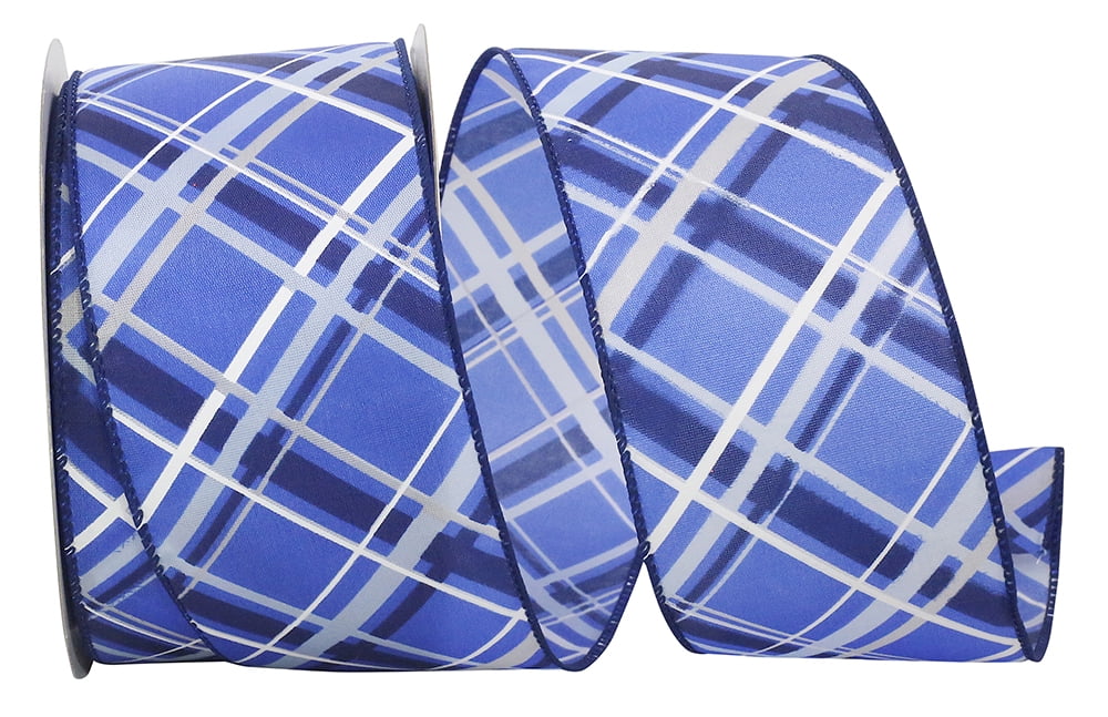 The Ribbon Roll T93118W05340H, Lattice Plaid Blues Wired Edge