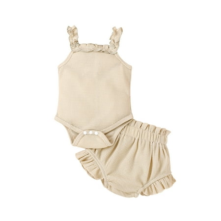 

Baby Girls Summer 2PCS Outfit Sets Sleeveless Backless Sling Romper + Solid Color Ruffle Shorts