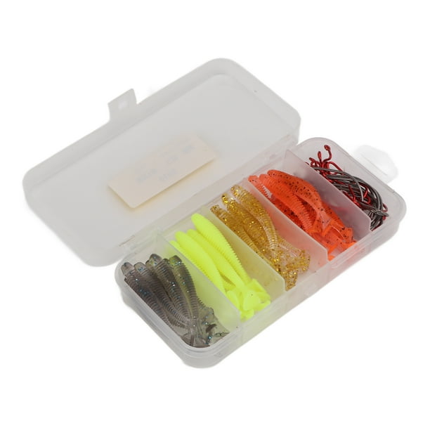 60pcs/box Soft Bait Fishing Lures Kit with Stainless Steel Crank Hooks  Artificial T Tail PVC Soft Lure Baits for Bass Fishing