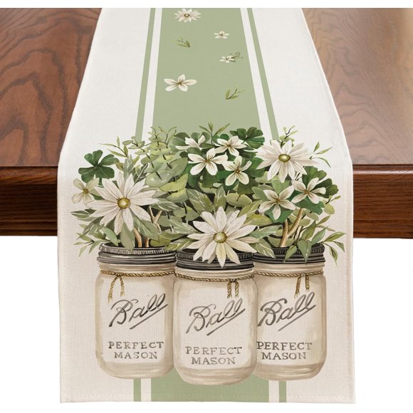 Eucalyptus Leaves Vase Spring Table Runner, Flower Easter Summer Seasonal Holiday Kitchen Dining Table Decorations, Indoor Outdoor Home Party Decor 13 x 72 Inch (Green, 13" x 72")