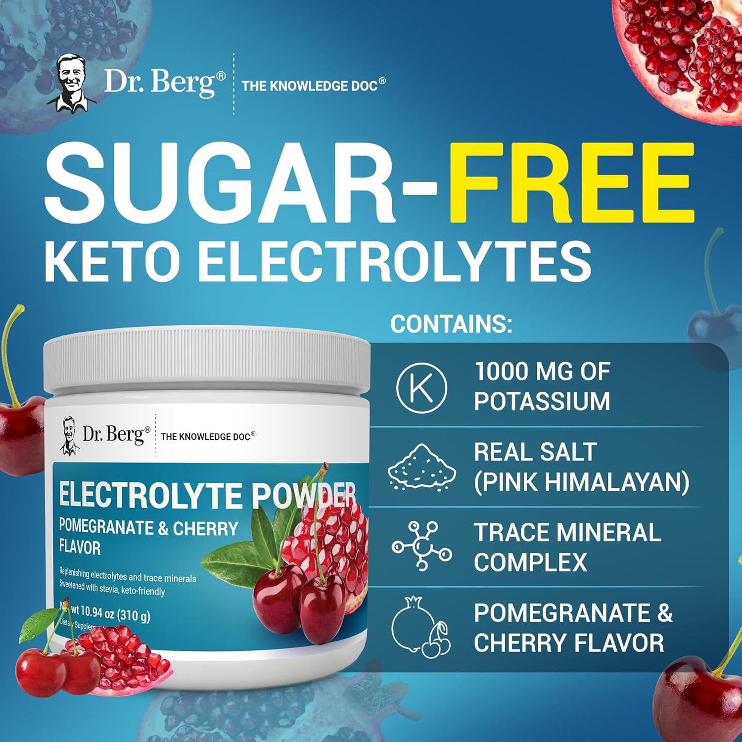 Dr. Berg Electrolyte Powder, Pomegranate & Cherry Flavor - Hydration Powder, 50 Servings