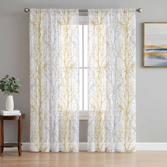Yellow Grey Semi Sheer Window Curtains 72 Inches Long, Pastoral Botanical Branch Aesthetics Rod Pocket Voile Silky Chiffon Curtain Light Filtering Drapes for Living Room, Kitchen, 52"x72", 2 Panels