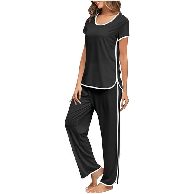 Chbgutlmr Ensemble 2 Pcs pour Femmes Vêtements de Détente Hauts à Col Rond Pantalons Droits Tenues d'Été Confortables et Amples