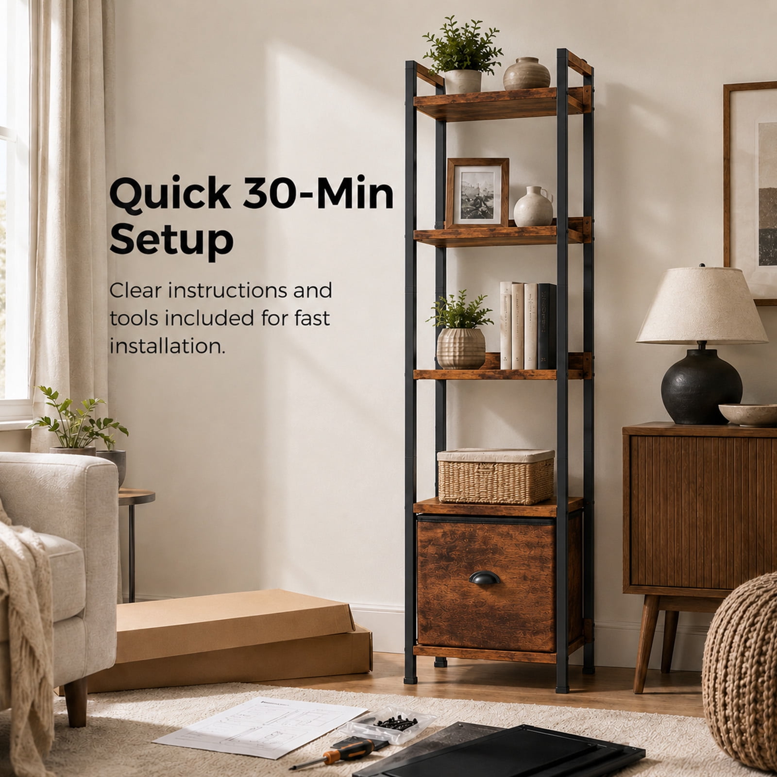 Alvantor 5-Tier Bookshelf, Industrial Bookcase with Drawer, Space-Saving Storage Bookcase for Bedroom, Living Room & Home Office