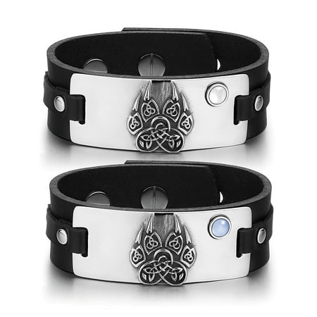 White Knotted Leather - Aztecs Celtic Knots Wolf Paw Amulets Love Couples White Blue Simulated Cats Eye Black Leather Bracelets