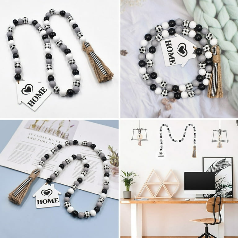 Rustic Farmhouse Wood Bead Garland, Black White Grey and Plaid