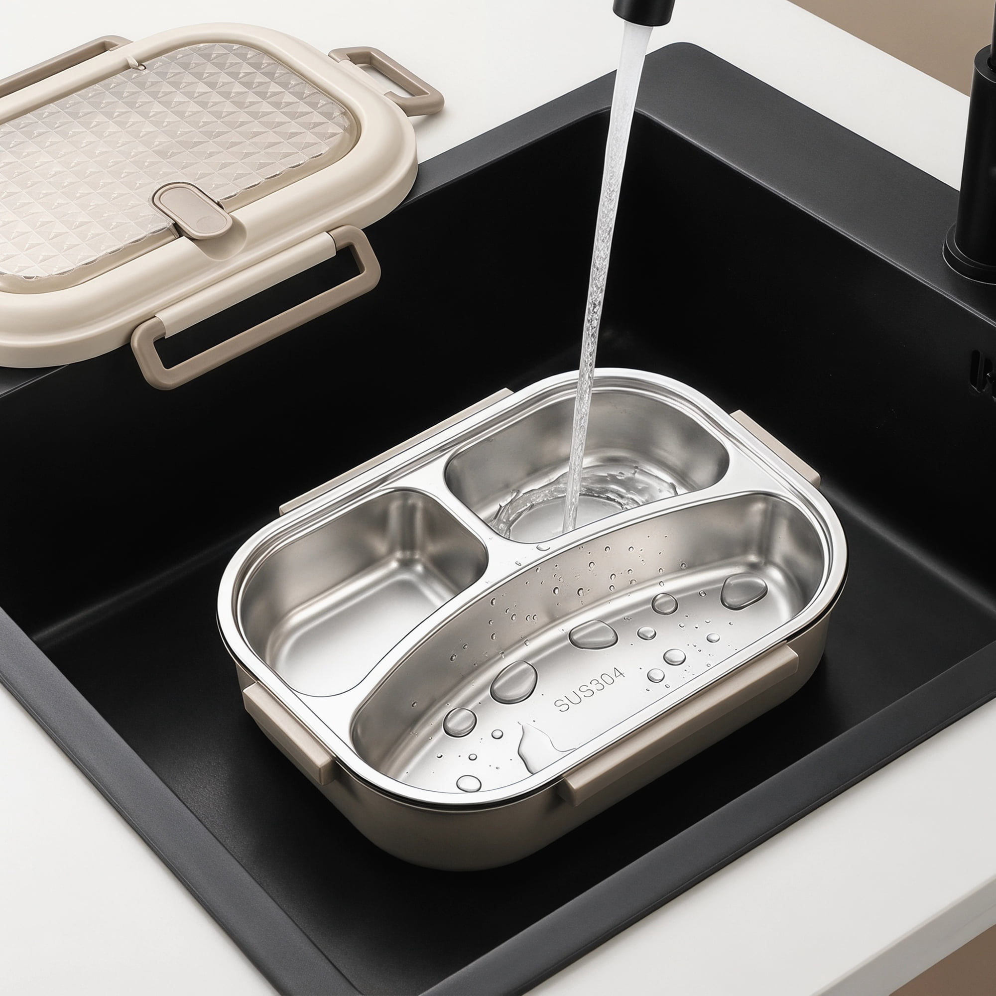 Unique Bargains Leak-Proof Meal Lunch Bento Box with Stainless Steel Light Brown-2