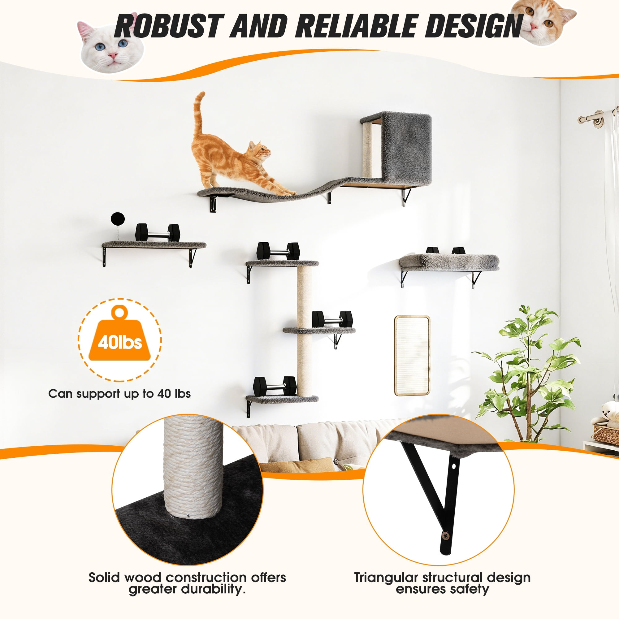COZIWOW Cat Wall Shelves Set, 5-Piece Wall Mounted Cat Furniture with Cat Tree & Scratching Post(Grey)
