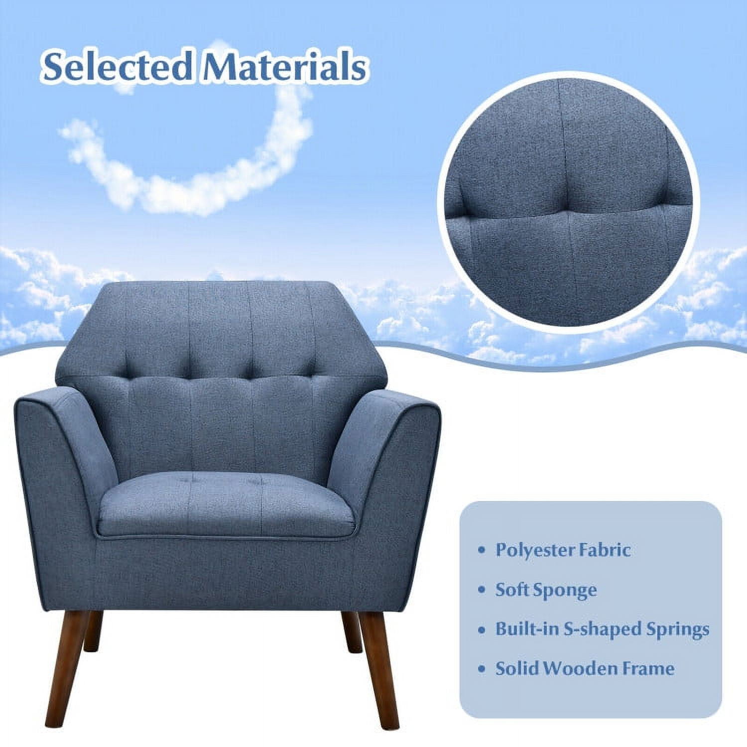Finihen Upholstered Accent Armchair, Modern Tufted Fabric Accent Chair with Rubber Wood Legs, for Living Room, Bedroom, Blue