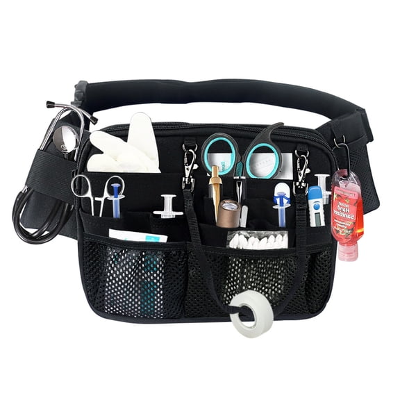 Nurse Belt Pack with Multi-Compartment Tool Strap Practical with Medical Equipment Pocket and Tape Holder for Stethoscope Bandage Scissors or other Supplies Black(oniy bag)