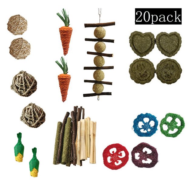 Juego de juguetes para morder con forma de bola de madera de manzano, con combinación de paja, conejo y alfalfa