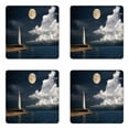 thumbnail image 1 of Moon Coaster Set of 4, Old Lighthouse by the Sea White Clouds and Calm Ocean Landscape Photo, Square Hardboard Gloss Coasters, Standard Size, Dark Blue Ivory White, by Ambesonne, 1 of 2