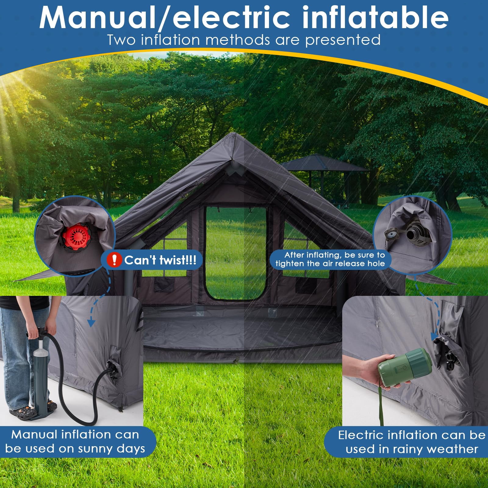 Inflatable Camping Tent With Electric Air Pump - 420d Heavy Duty Oxford 5 Min Auto-inflation Panoramic Stargazing Skylight 4 Season Luxury Glamping Cabin  4-10 Person Multiple Sizes