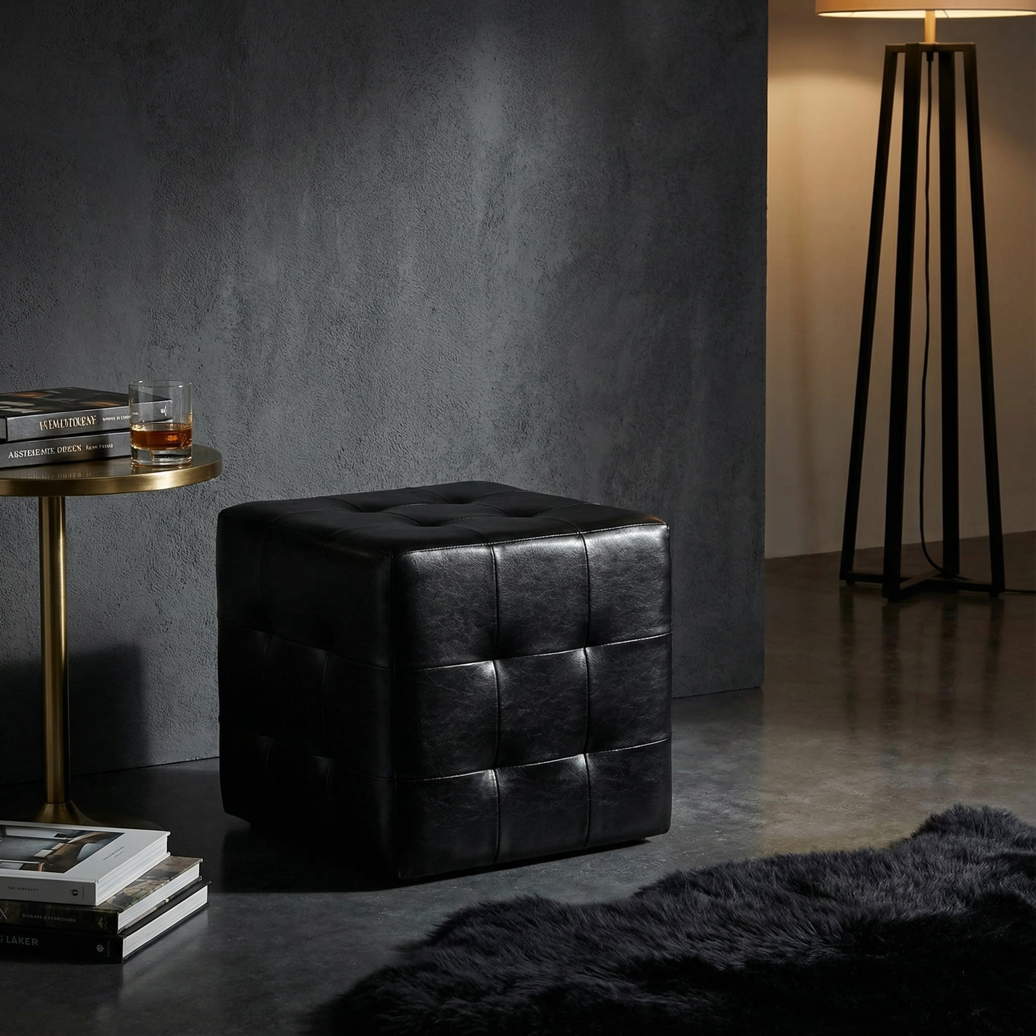 Cortesi Home Braque Black Tufted Cube Ottoman in Leather like Vinyl