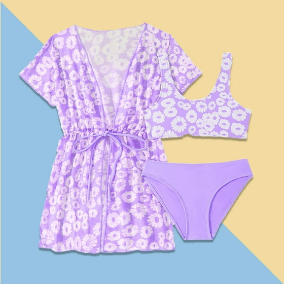 Girls Swimsuits Set 3 Piece Bikini Bathing Suit Set with Cover up Top Flower Girls Bathing Suit Size 6-7 Years