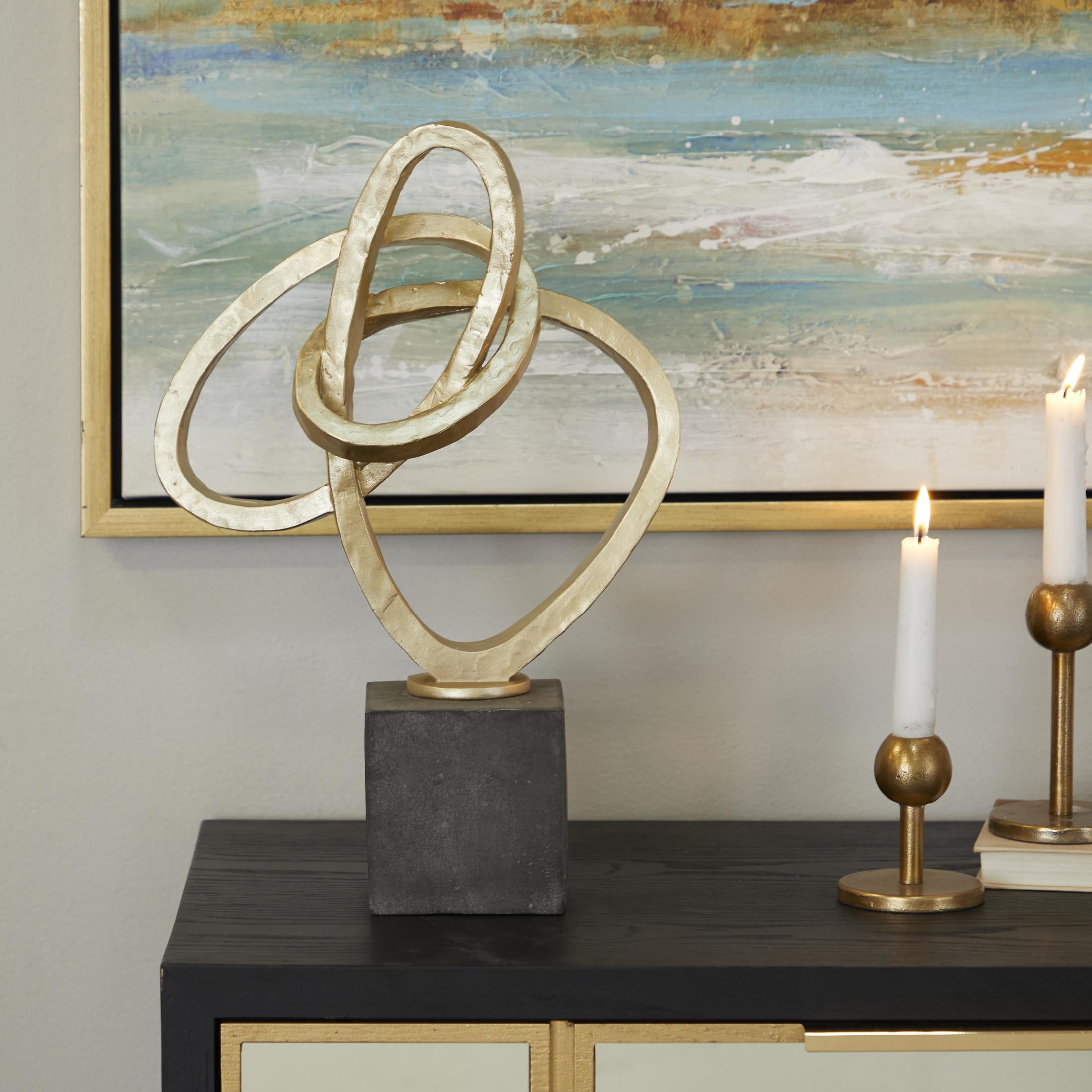 11" x 17" Gold Polystone Link Abstract Sculpture with Black Base, by DecMode