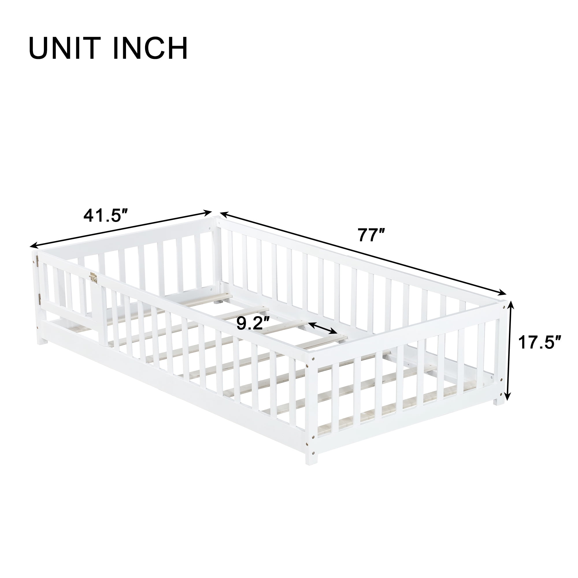 Mintazer Twin Floor Bed with Fence and Door, Montessori Bed with 17.5" Safety Guardrails for Kids Girls Boys, White