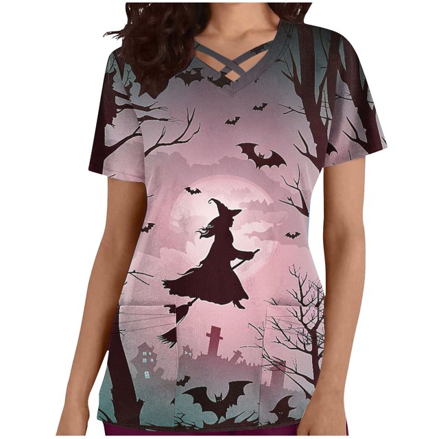 Tops Cortos para las Mujeres, Halloween Impreso en Cuello en V con Bolsillo, Moda Casual Manga Corta