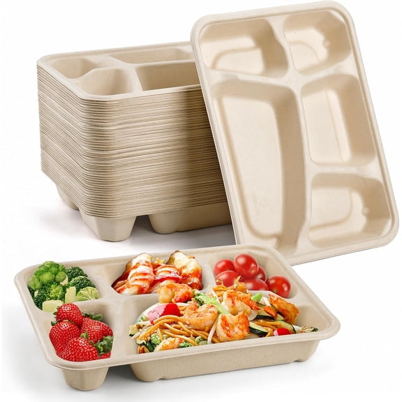 50 Pack 5-Compartment Disposable Plates, 11" x 8" Compostable School Lunch Tray Divided Paper Plates, Heavy-Duty Sectional Paper Plate for Party, Picnic