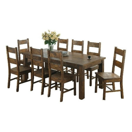 Caly 9pc Dining Table Set- 8 Ladderback Side Chairs- Rustic Golden Brown