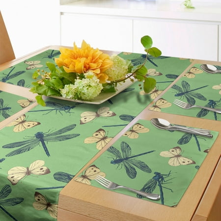 

Dragonfly Table Runner & Placemats Botanical Vintage Style Design of Wild Nature Butterflies Pattern Set for Dining Table Placemat 4 pcs + Runner 12 x90 Petrol Blue and Pale Green by Ambesonne