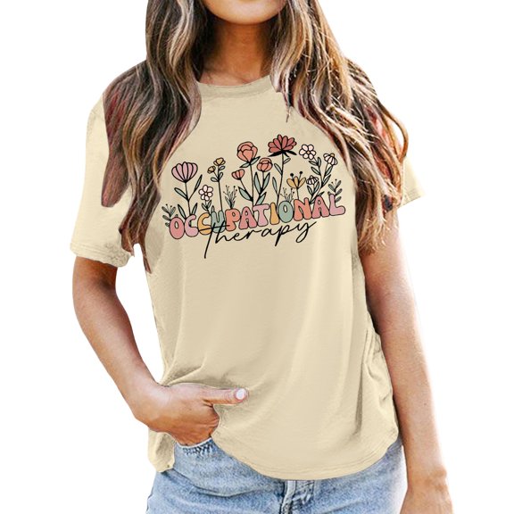 Womens Summer Tops Crew Neck Floral Letter Print Classic Short Sleeve Basic TeeSoft Blouse Casual Tops Summer Blouses