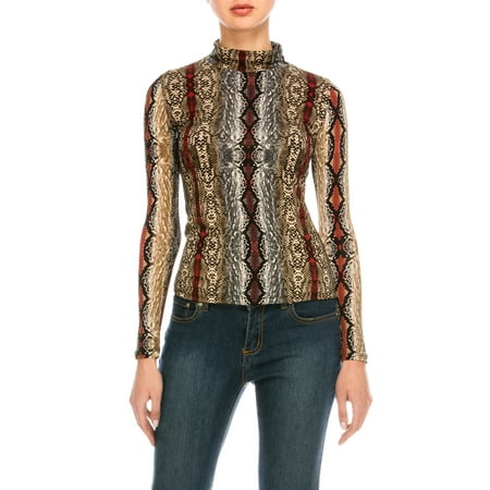 Dkny Animal Print - Missfit Womne's Snake Animal All Over Print Mock Neck Long Sleeve Blouse Top Tee Red/Multi Small