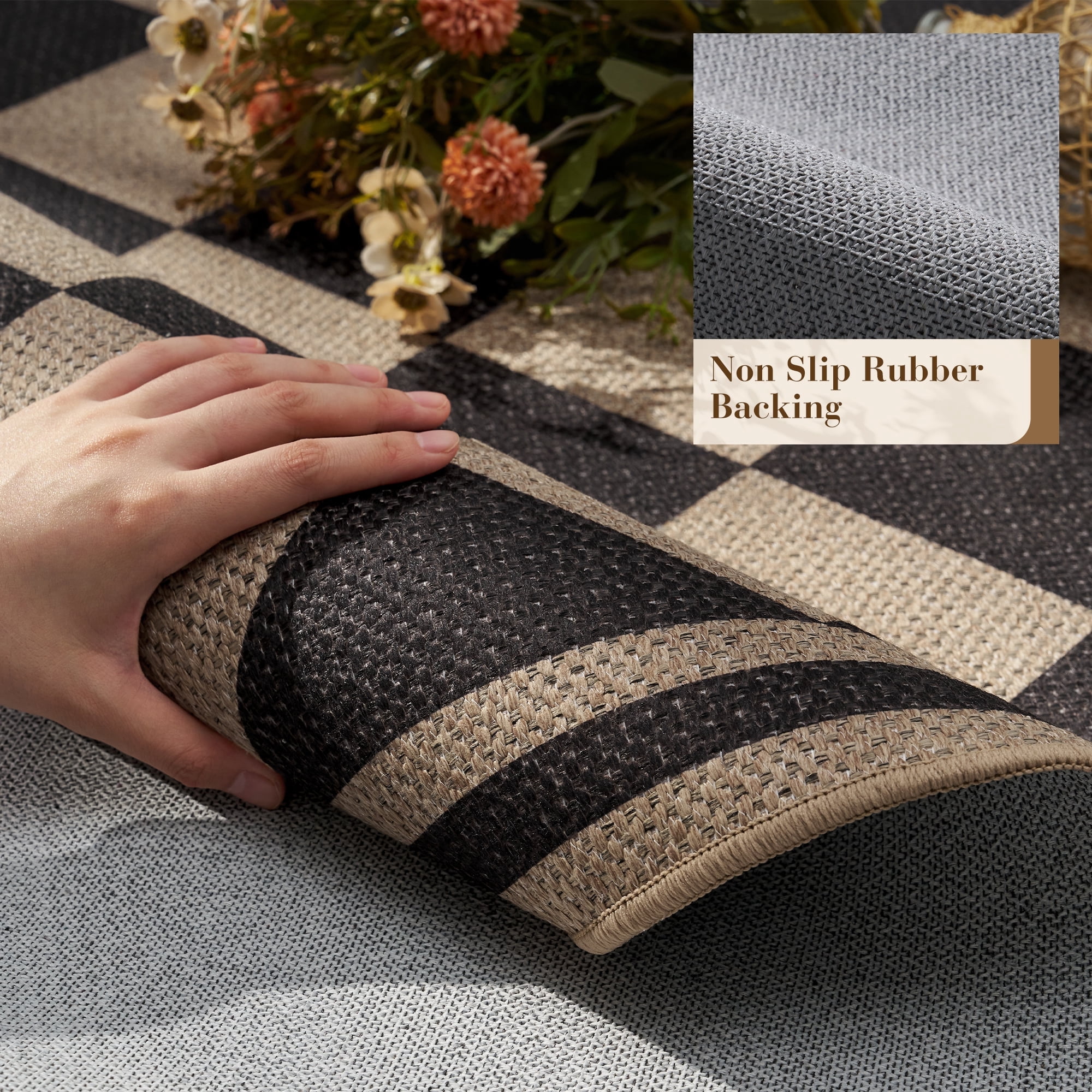 VUNATE Outdoor Rugs Carpet 2'x6' Jute Rug Boho Checkered Washable Patio Rug Distressed Modern Braided Area Rugs Black Indoor Outdoor Rugs for Living Room Entryway Laundry Balcony