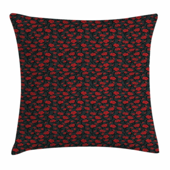 Red and Black Throw Pillow Cushion Cover, Romantic Vintage Roses Illustration Old Fashioned ...