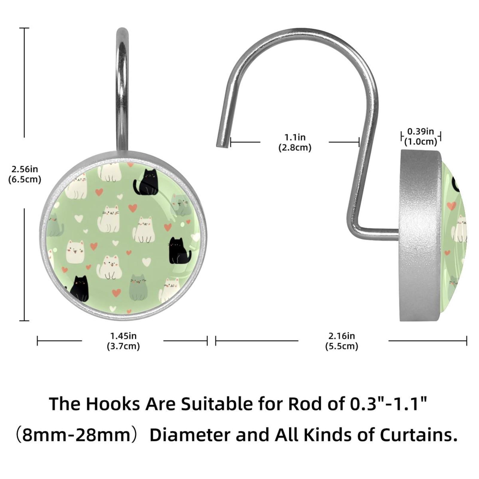12pcs Decorative Shower Curtain Hooks, Rust Resistant Shower Rings for Bathroom Living Room,Rustproof Stainless Steel Rings for Shower Curtain and Liner Rods,Cats and Hearts Green