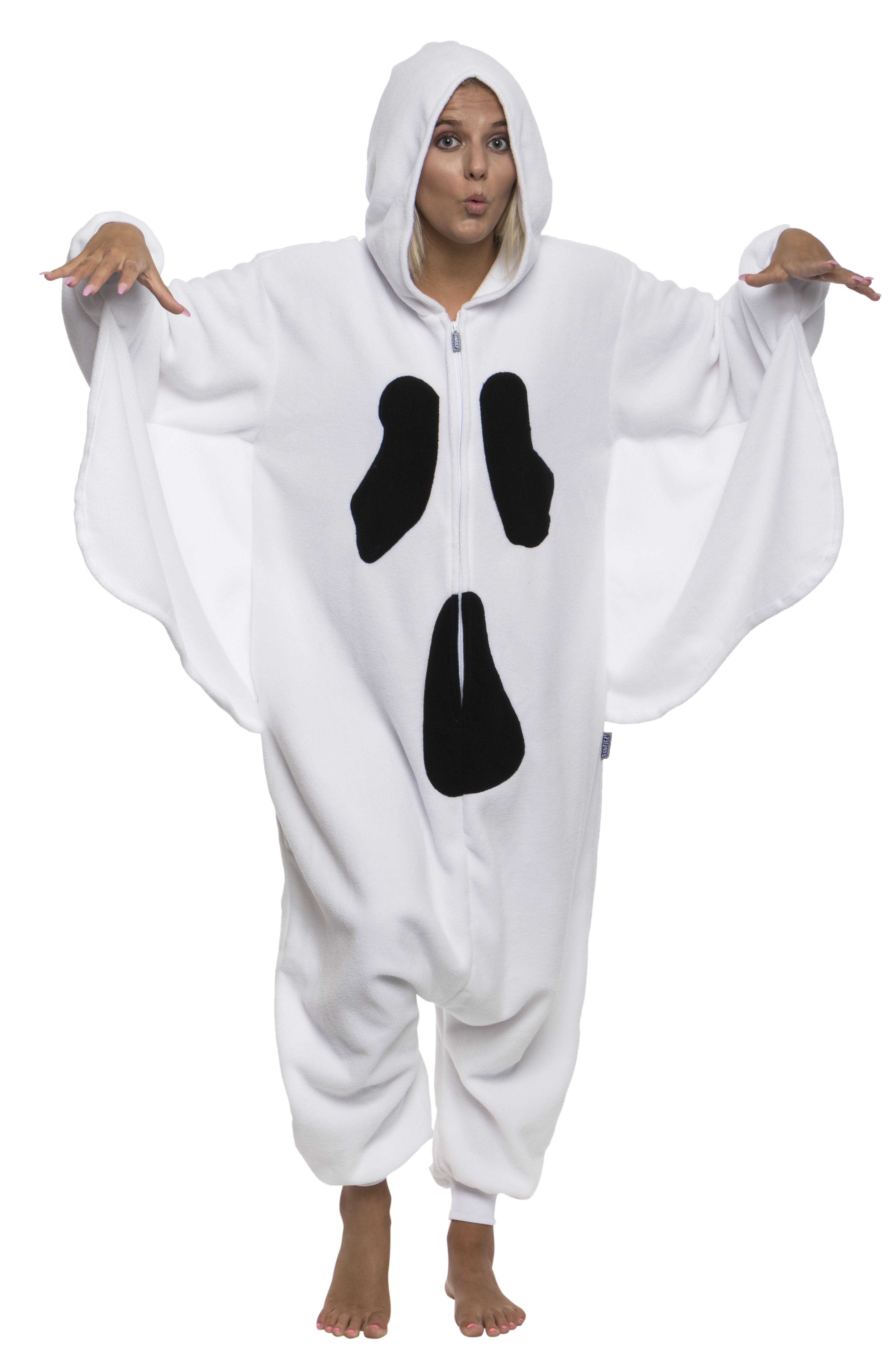 FUNZIEZ! Ghost Costume Pajamas One Piece Jumpsuit For Adults (White