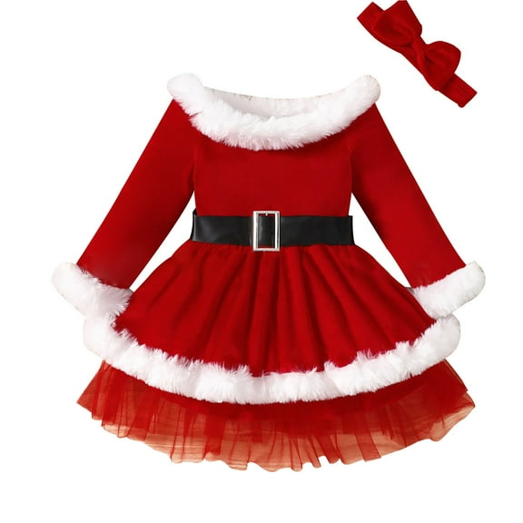 Mercatoo Toddler Christmas Santa 𝐂𝐥aus 𝐂ostume Baby Girls Furry Long Sleeve Velvet Princess Dress Headband Dress Kids Clothes